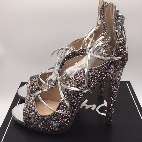 Qupid Woman’s Silver Multi Glitter Open Toe High Heels Size 7 - Picture 7 of 13
